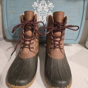 Brown Leather and Olive Duck Boots with Burgundy Laces